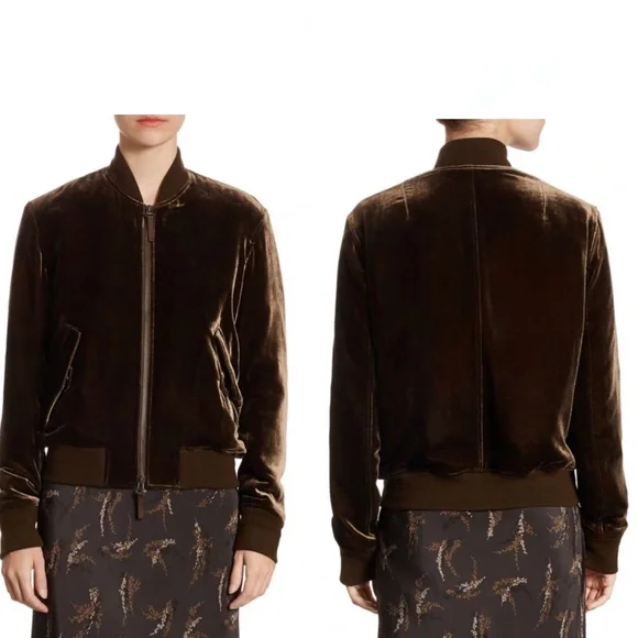 Vince Chocolate Brown Velvet Zip-Up Bomber Jacket Size XS